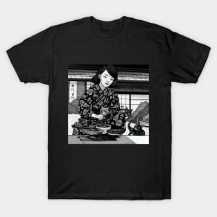 Asian woman feeding cats T-Shirt